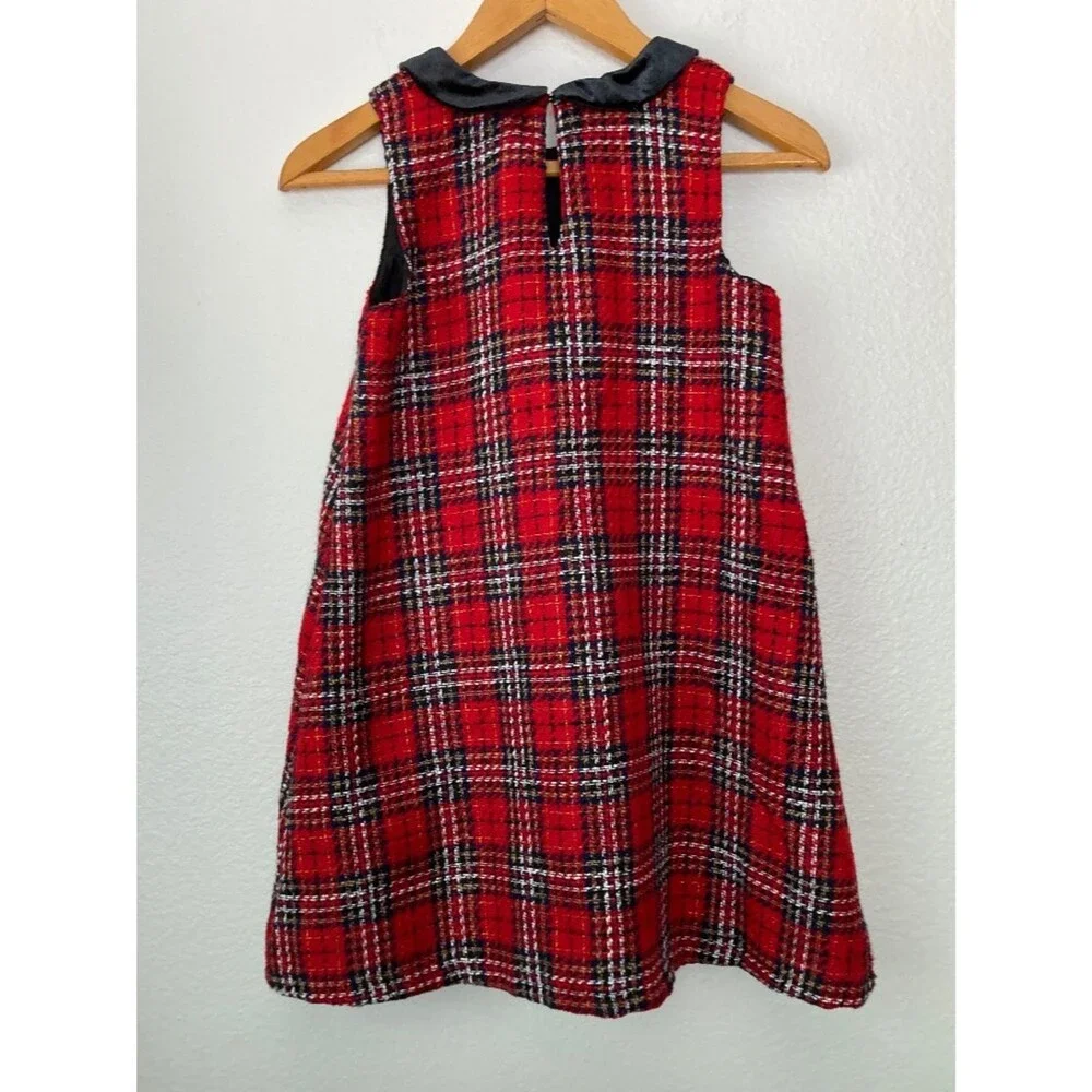 H&M Girls Red Plaid Holiday Dress Size 10 Velvet Collar Christmas